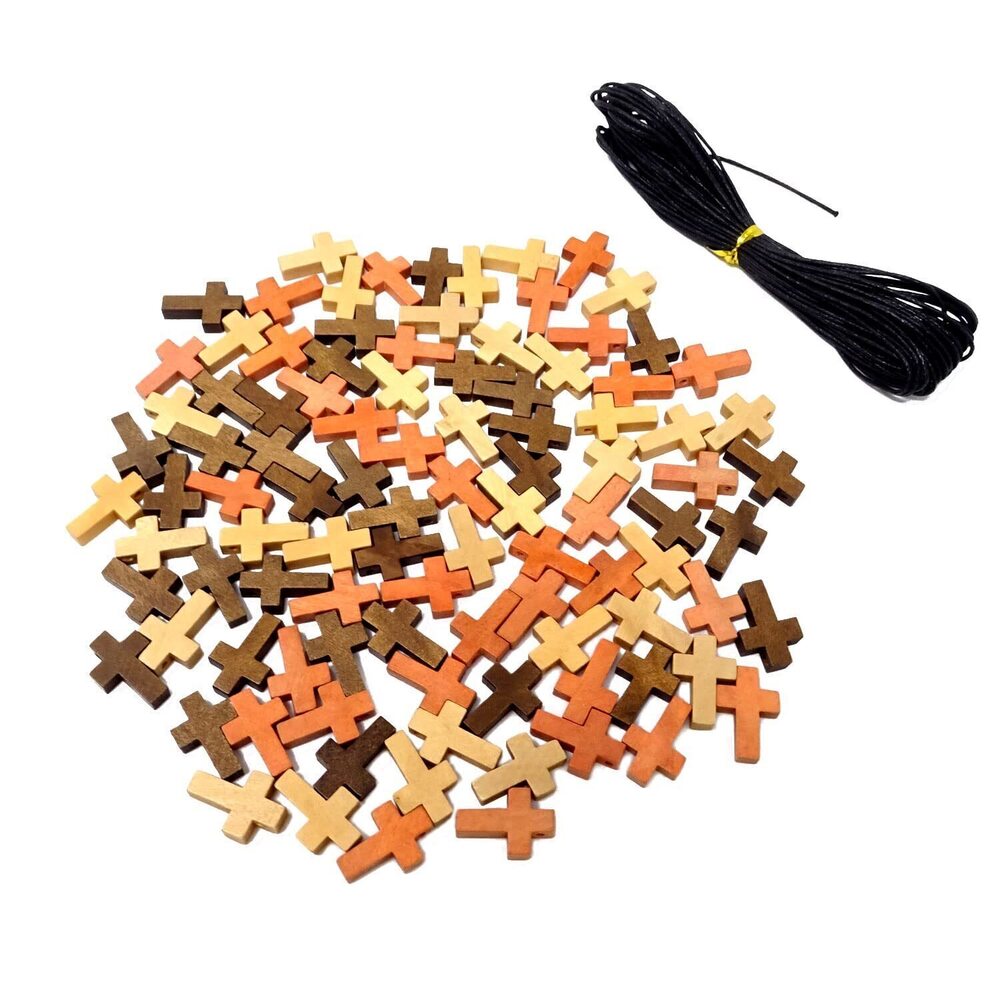 7716 100PCS Wooden Small Cross Charms Pendant Wood Cross Beads Ornaments
